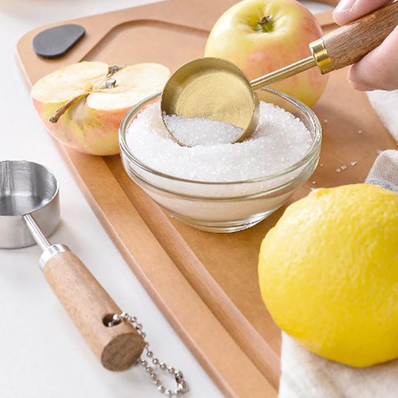 Мерная ложка из нержавеющей стали с плоским дном, подвесная мерная кружка, нержавеющая, с деревянной ручкой, кухонные инструменты для измерения кофе