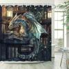 Mystical Dragon Shower Curtain - Blue-Green Scales, Translucent Wings, Illuminated Bookshelf, Warm Ambiance, Water-Resistant