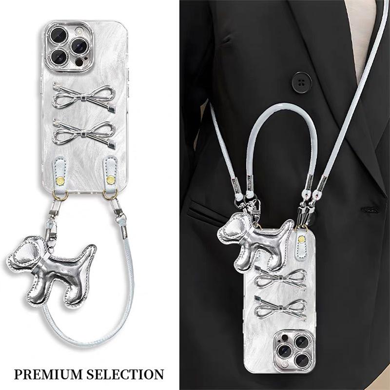 All Inclusive Anti Fall Bow Phone Case for IPhone 17 Promax Puppy Pendant for Apple 16 Lanyard Crossbody