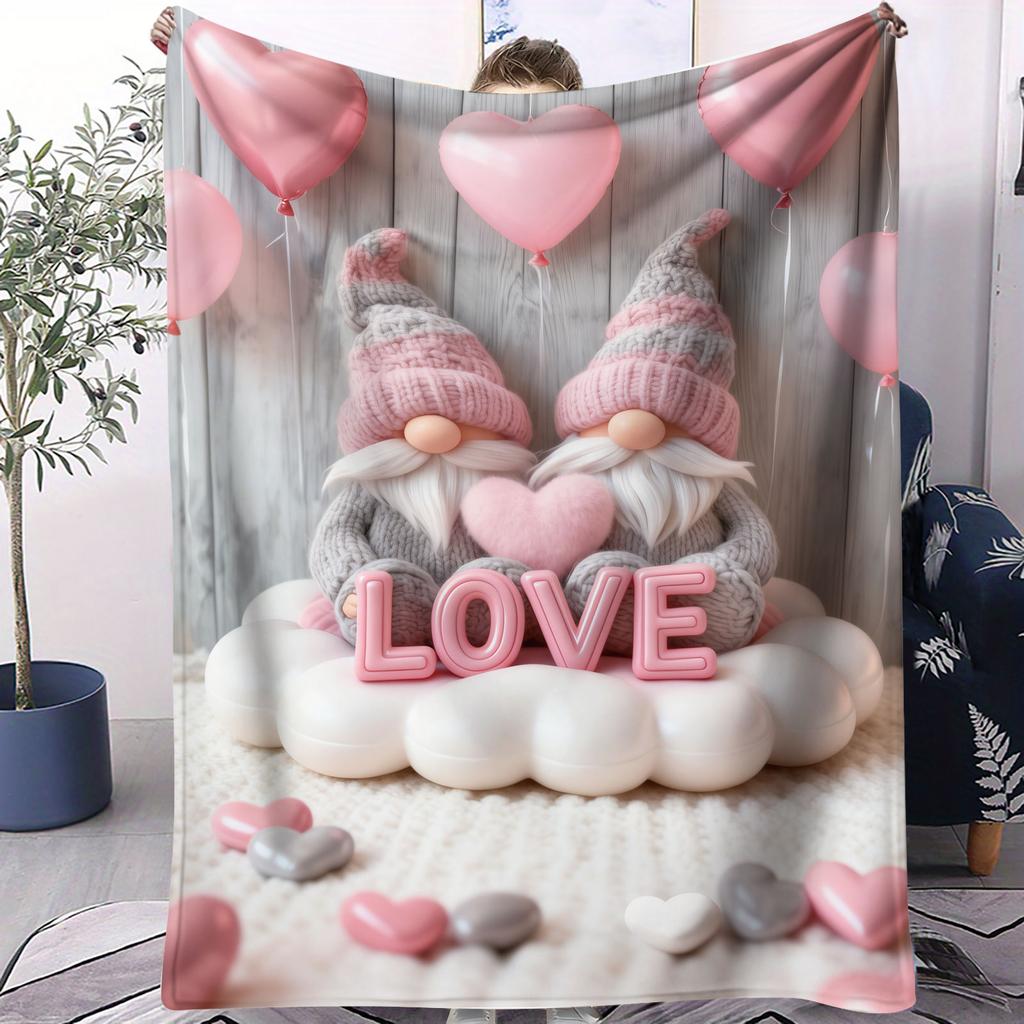 Cute Gnome Couple Flannel Blanket Heart Pattern Warm Throw Lightweight Cozy Cover for Living Room Christmas Valentine's Day Gift