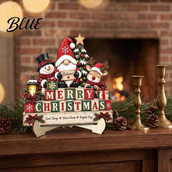 Christmas Tabletop Ornaments 2D Wooden Castle Ornament, Santa Scene Bookshelf Decoration Decorative Holiday Signs with Stand, Festive Gift for