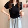 Design Sense V-neck Drawstring Slim Fit Pure Desire Wind Short-sleeved T-shirt Women's Summer New Solid Color Student Top