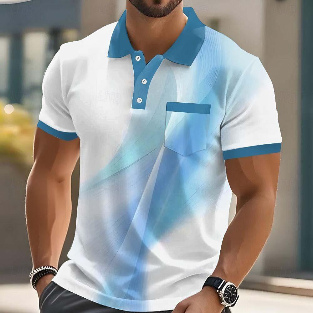 Trendy Short Sleeve Polo Shirt, Geometric Pattern, Casual Men's Top
