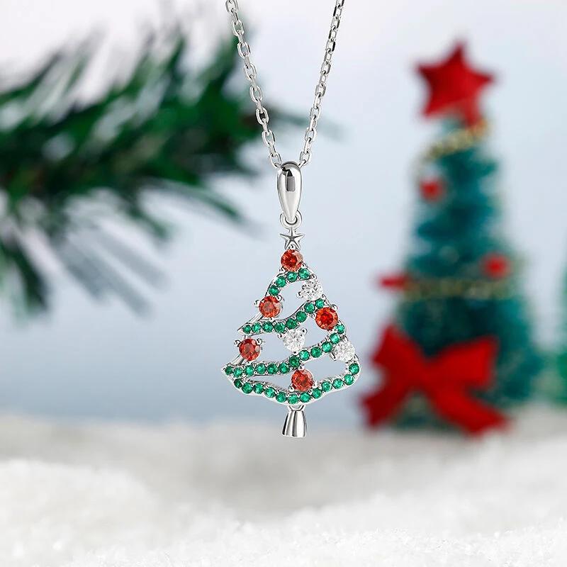 Huitan Christmas Tree Pendant Necklace New Year Gift for Women Colorful CZ Bling Bling Neck Accessories Party Statement Jewelry