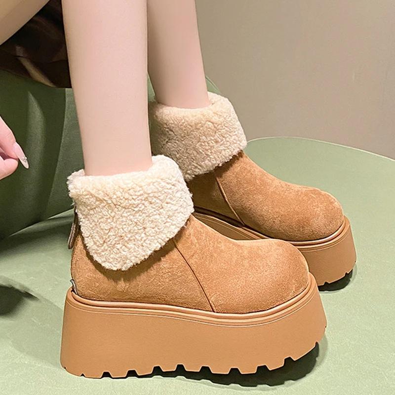 Ботильоны женские на меховой платформе, замшевые короткие, плюшевые, на среднем каблуке, хлопковые туфли, тренд 2025 года, теплая повседневная зимняя обувь, новые женские ботинки