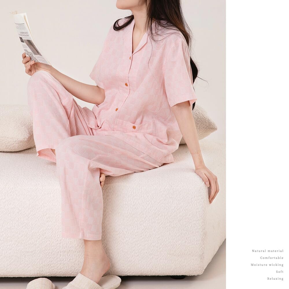 Да Семейный комплект женских пижамных шорт из двойной марли в клетку размера M, 100% хлопок, рукава, узор, розовый,