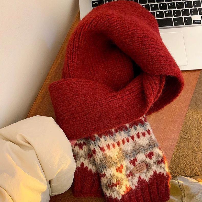 Зеленый вязаный шерстяной шарф в стиле Fair Isle, женский, зимний, рождественская атмосфера, утолщенный, универсальный, теплый, холодостойкий, грелка для шеи
