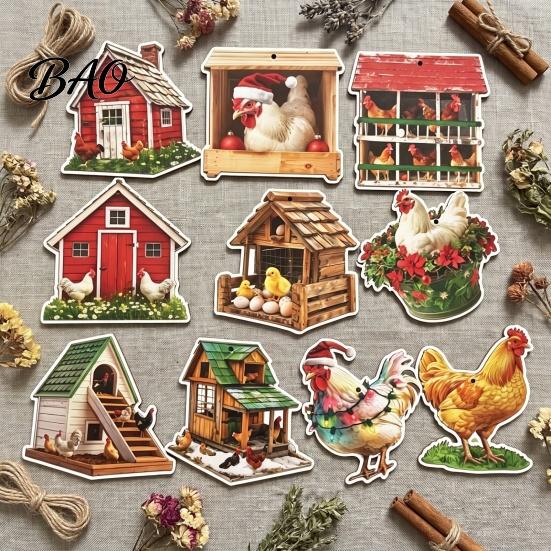 Decorative Wood Gift Tags 10/20/30Pcs 2D Flat Farmhouse Chicken Wooden Hanging Ornament, Rooster Hen Coop Barn Rustic Craft Ornaments Farm Pendants
