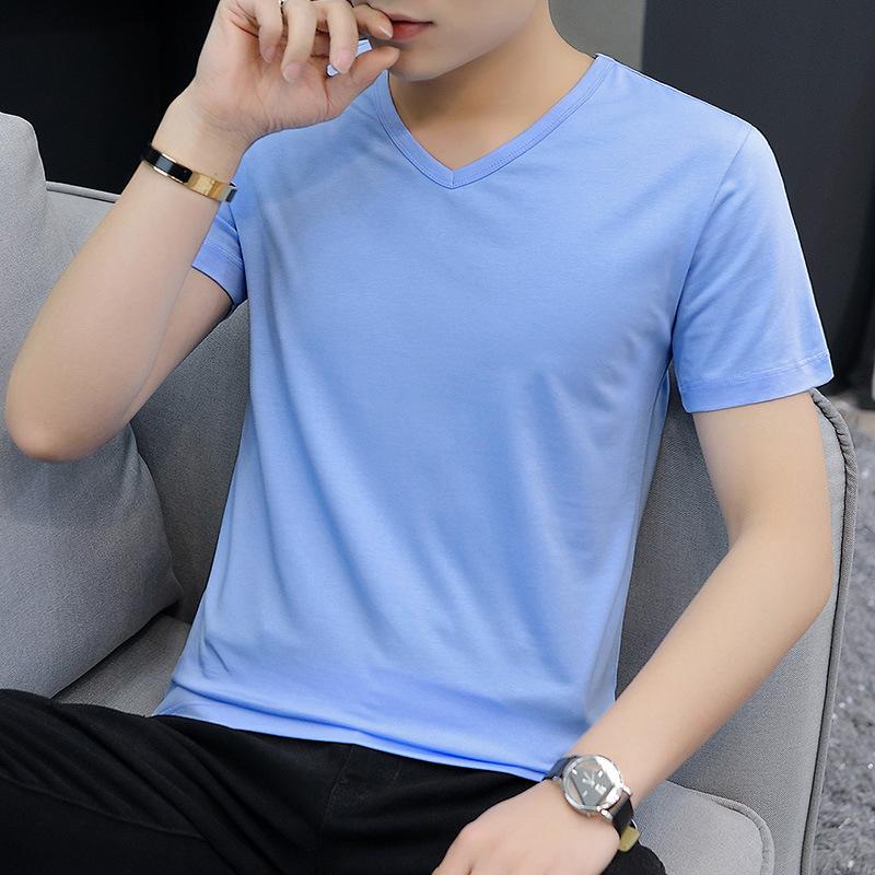 Мужская футболка с коротким рукавом и V-образным вырезом, повседневная летняя классическая базовая футболка