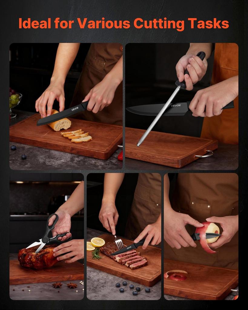 Kitchen Knife Set with Block and Sharpener, 15 Piece German High Carbon Stainless Steel Knife Set, Kitchen Cutlery with PP Ergonomic Handle,
