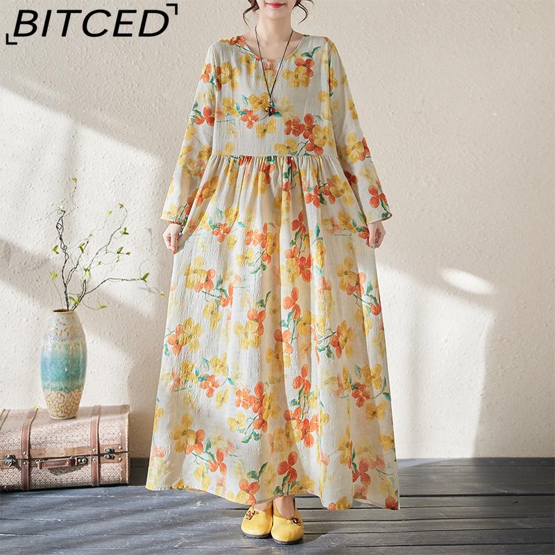 Хлопково-льняное свободное длинное платье, женское новое свободное тонкое льняное платье с длинными рукавами с литературным принтом в стиле ретро