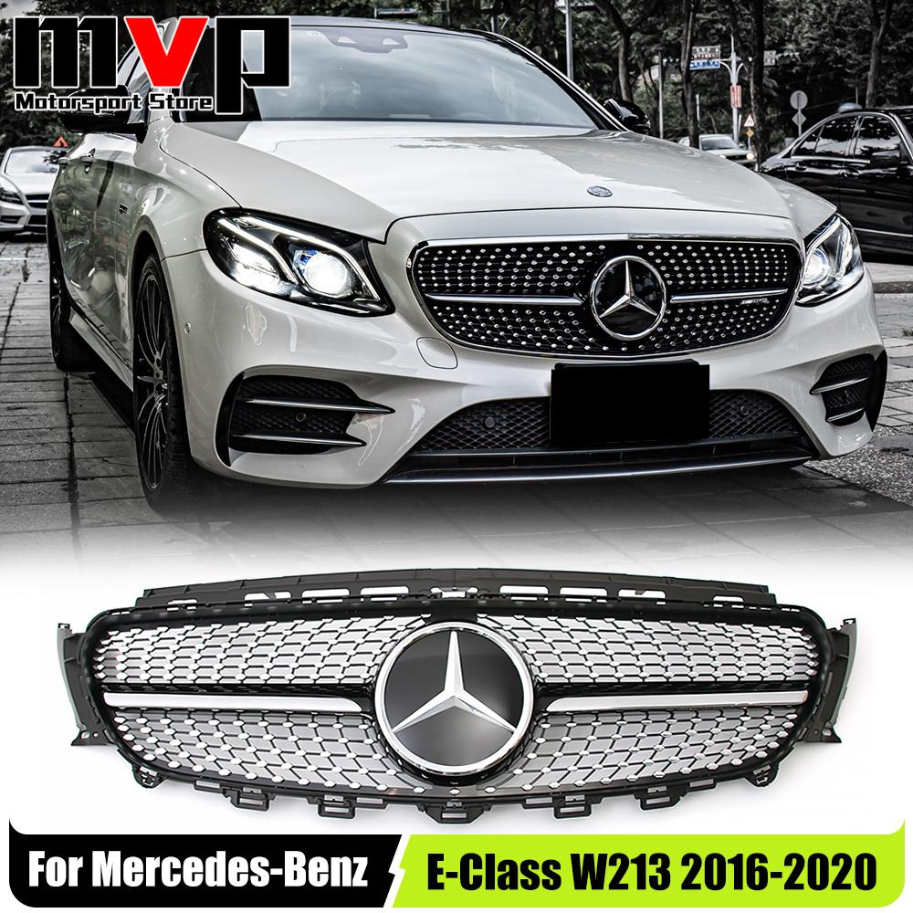 FCM5 Diamonds Style Racing Grille With Car Front Bumper Grill Silver Border Mirror 3D Emblem Logo For Mercedes Benz E W213 16-20 E300