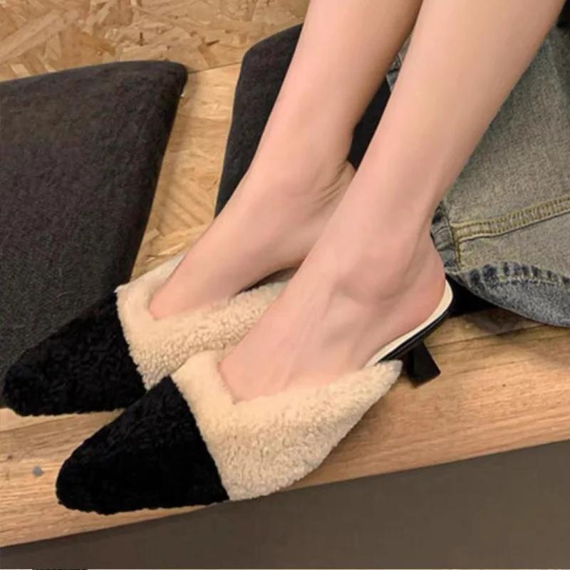 Sexy Pointed Toe Fur Slippers Women Heels Shoes Winter Elegant Mules Shoes 2024 New Fashion Flip Flops Slingback Pumps Sandals