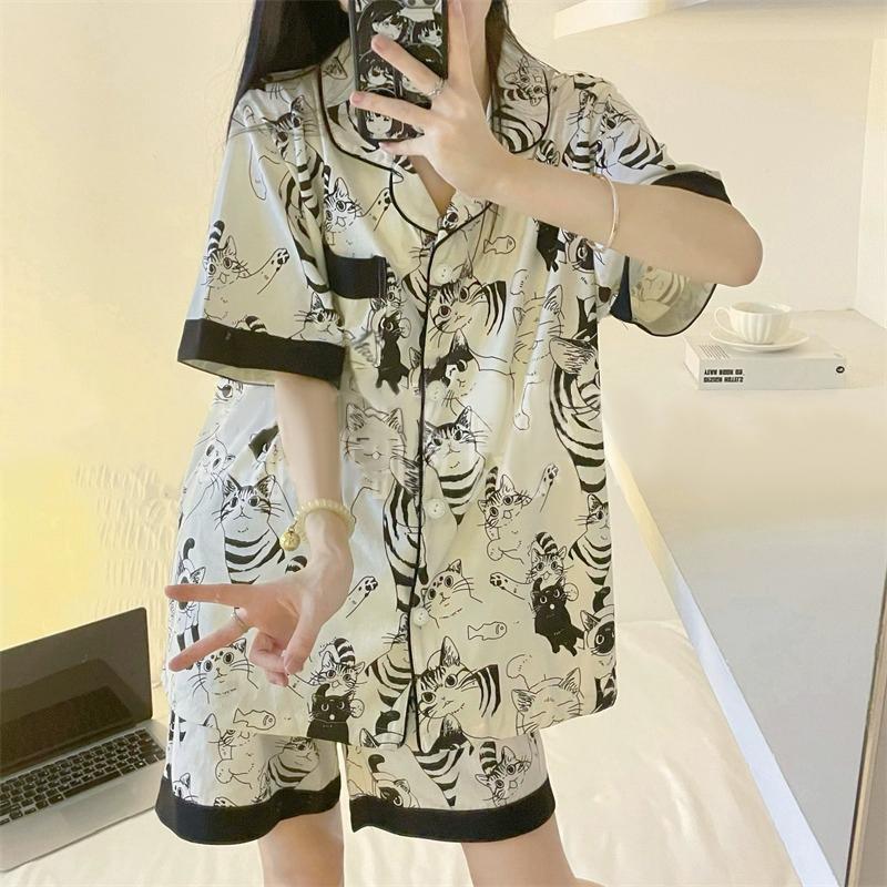 Spring Summer Short Sleeve Pajamas for Woman Korean 2 Piece Women Set Silk Fashion Sleepwear Cute Cartoon Cat Print Pink Satin Pajama Set Young Girl