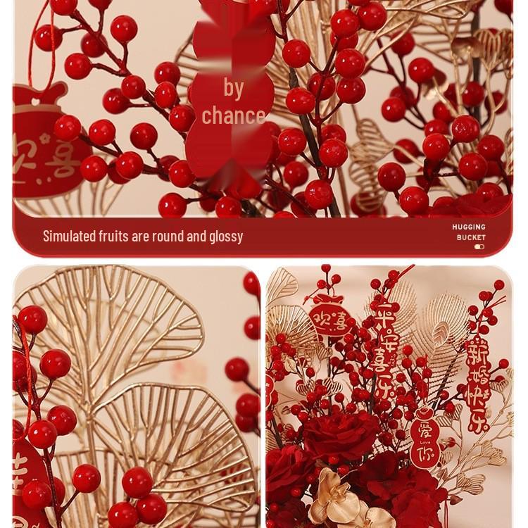 Engagement & Wedding Ornaments: Room Decor Bouquet & Double Happiness Bucket Set for Newlyweds - Ideal for Master Bedroom & Living Room.