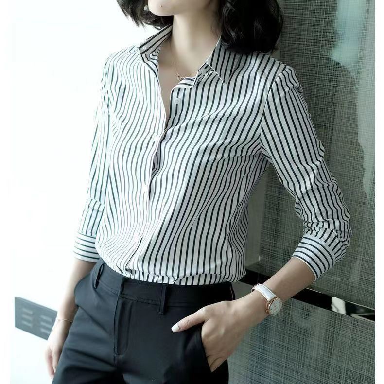 Womens Striped Long Sleeve Shirt With Polished Design For Office Wear