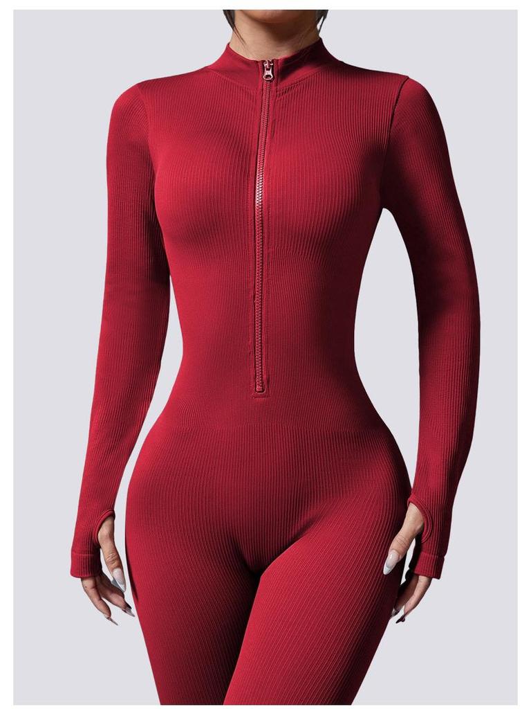 European-Style One-Piece Sport Jumpsuit for Women with Zipper, Stand Collar, Long Sleeves, Thumb Holes, Hip Lifting, and Tummy Control