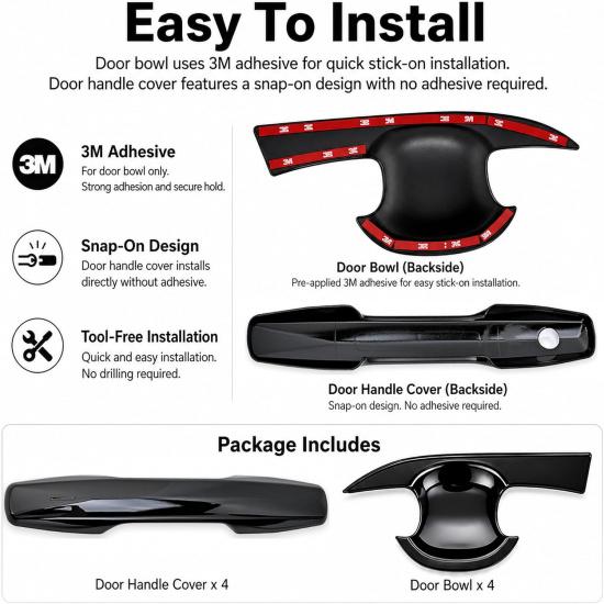 Exterior Door Handle Cover for Toyota RAV4 2026, Gloss Black ABS Door Handle & Bowl Cover Trim, Clip-On Door Handle Protector & Adhesive Bowl Guard,