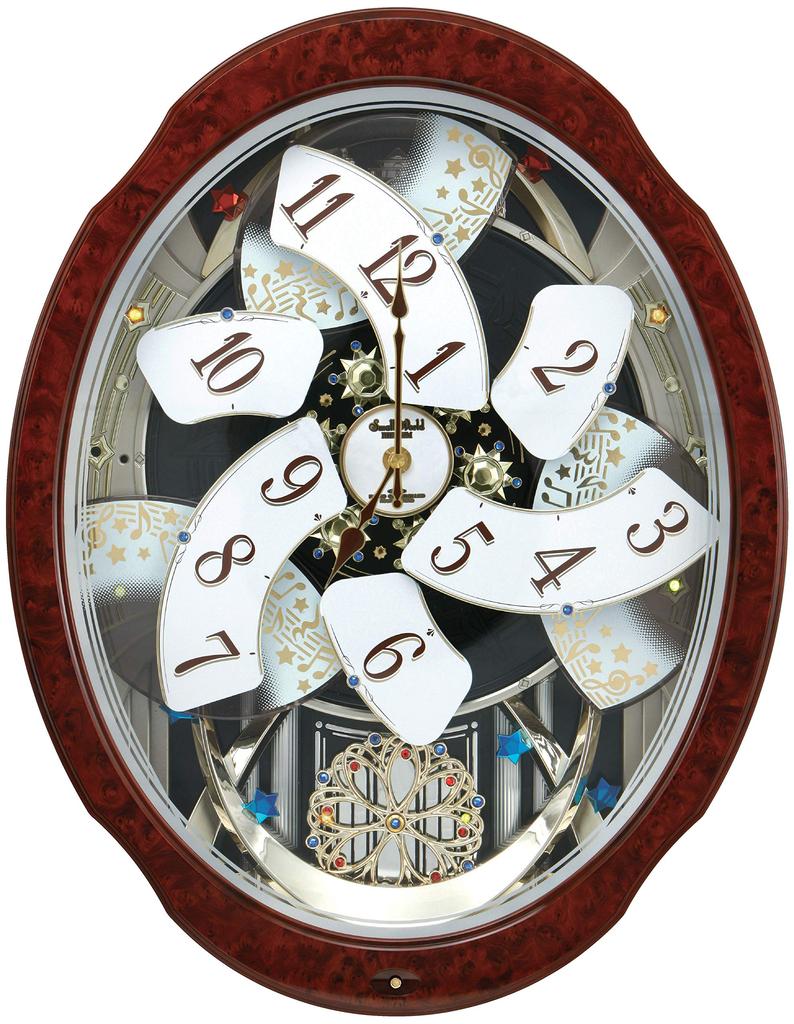 RHYTHM Wall Clock Radio Analog Karakuri Small World Bloom GO 30 Songs Melody Brown Grain Small World 4MN499AZ23 Brown (Wood Finish) 52.1x40.5x12.4cm