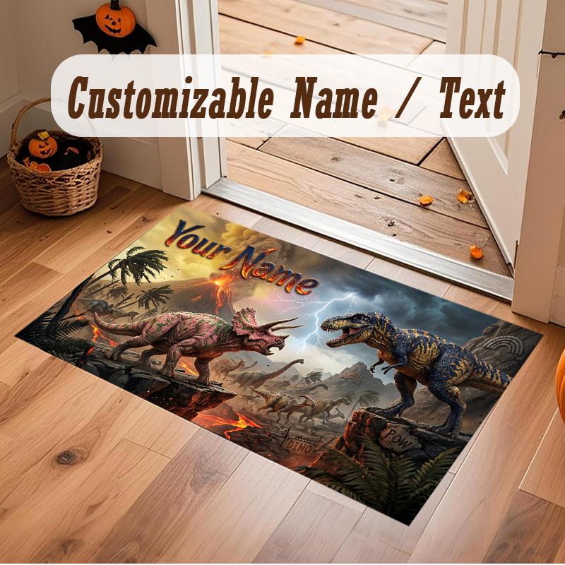 Dinosaur Theme Soft Crystal Velvet Rug Custom Name & Text Print Non Slip Floor Rug for Bedroom Living Room