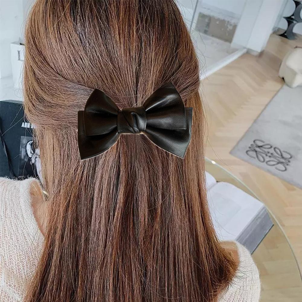 Girls Solid Color Duckbill Clips PU Leather Hair Clips Bow Hairpin Spring Clips Headwear