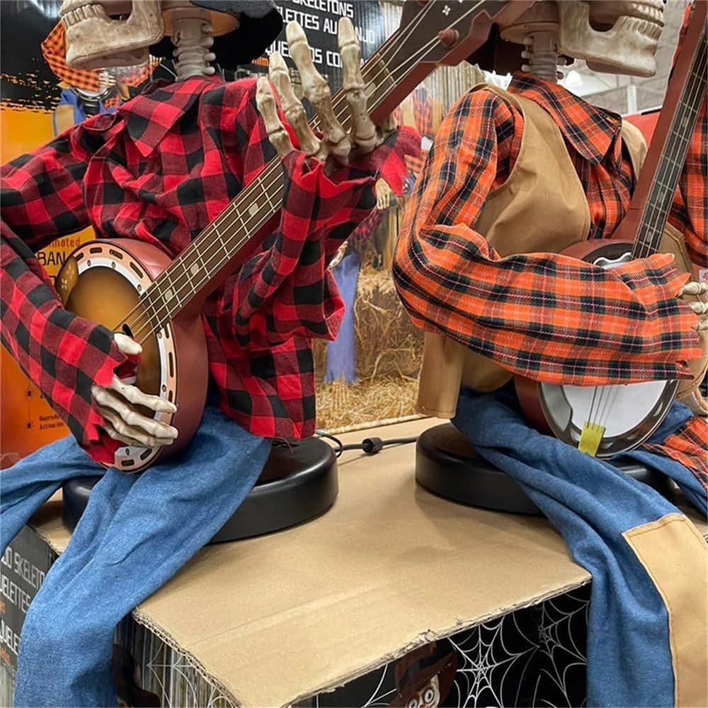 Halloween Animated Banjo Playing Skeleton Glowing Singing Cowboy Skull Guitar Statue with Moving Arms & Head, Spooky Music Gifts