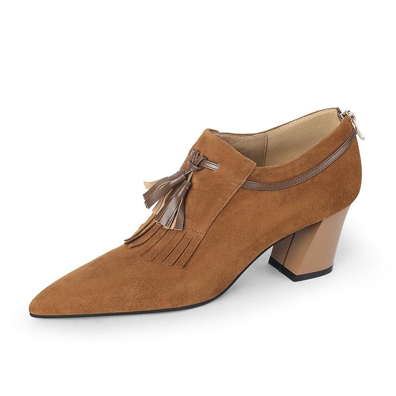 Мода 2025 Весна Женская Обувь Острый Носок Толстый Каблук Женские Туфли Овчина Замша Высокие Каблуки Обувь с Пряжкой-Ремнем для Женщин zapatos de mujer