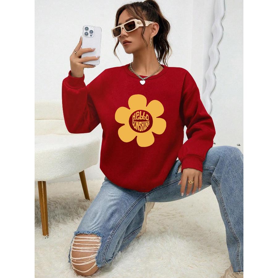 Hello Sunshine Big Yellow Flower Printed Hoodie Women Autumn Casual Pullovers Fleece Simple Sweatshirt Crewneck Female Tops