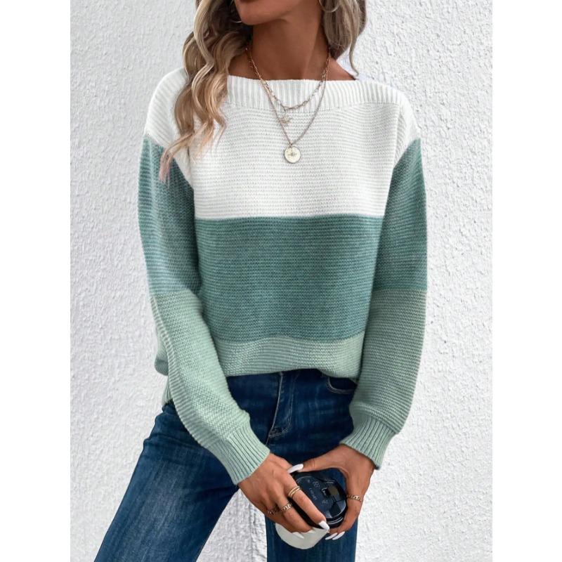 Elegant Three-color Patchwork Sweater Women Daily Commuter Casual Loose Jumpers Female Autumn Winter Knitted Thickened Warm Tops