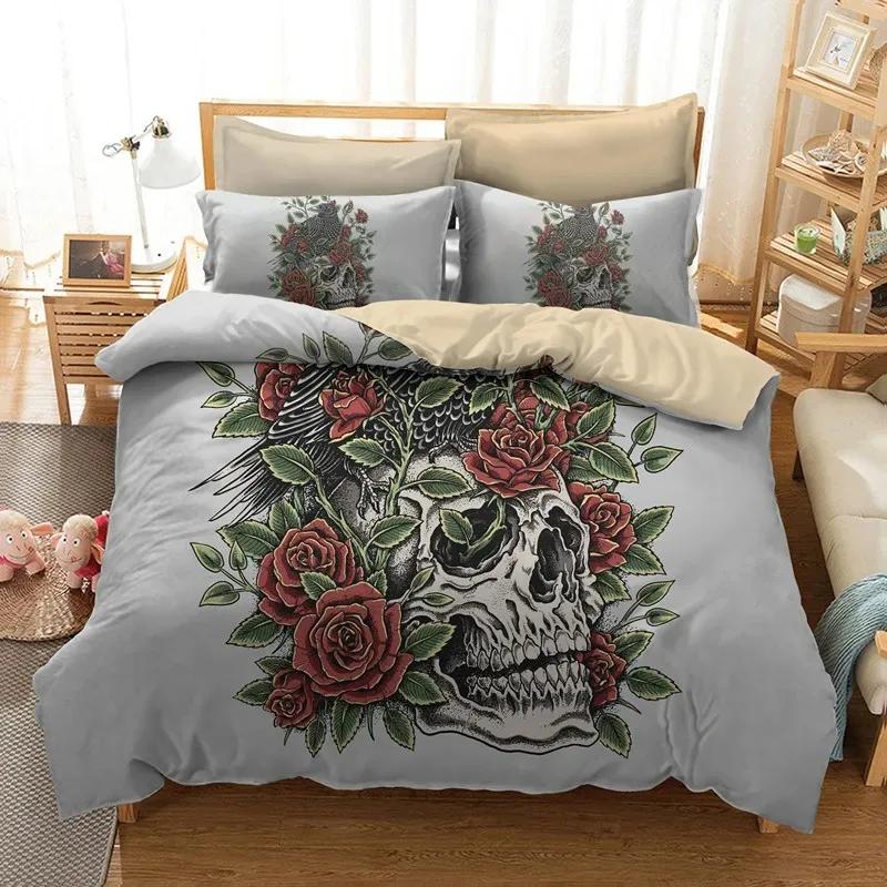 Sugar Skull Duvet Cover Set Queen Size Flowers Skeleton Bed Linen Double Bedding Set With Pillowcase King Size Skull Quilt Cover