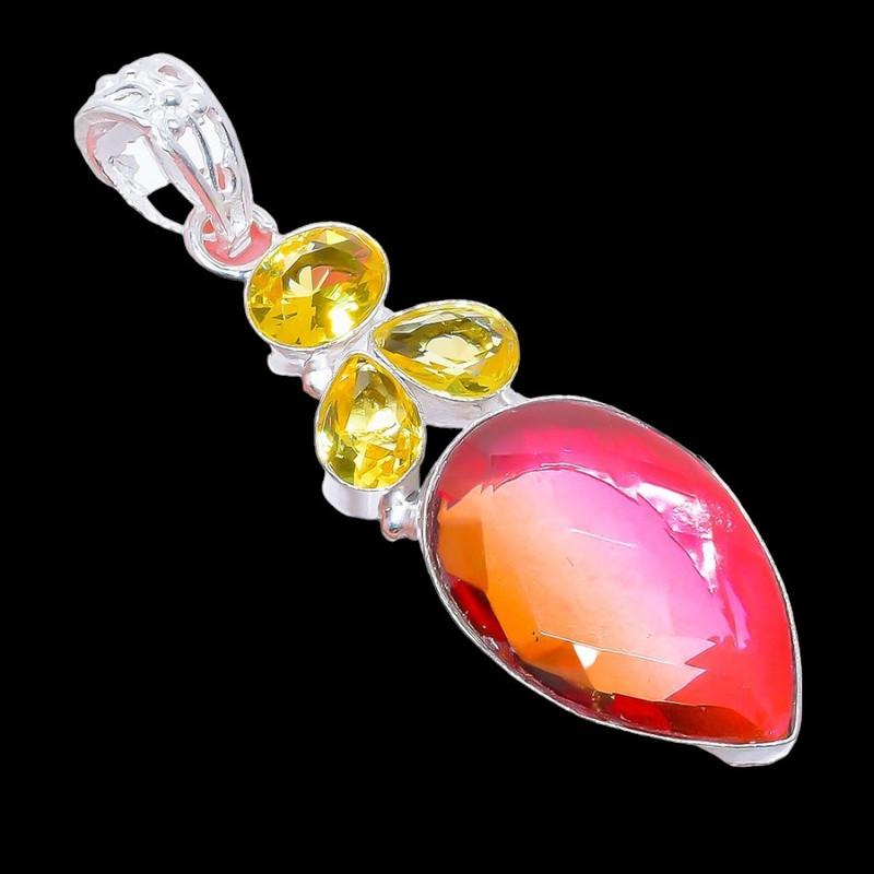 Bi-Color Tourmaline, Citrine 925 Sterling Silver Jewelry Pendant 2.6" AH-3288