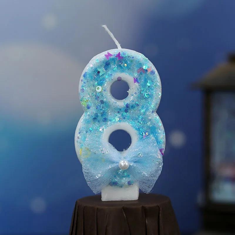 Y 3D Blue Bow Sparkling Number Candles - Birthday Cake Topper with Glitter Accents, Kawaii Party Decor for Birthdays/Weddings