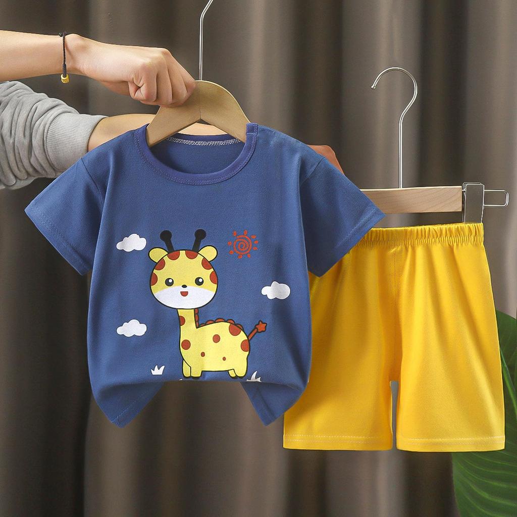 Короткие комплекты для мальчиков и девочек, милый динозавр с цветочным принтом, топы с короткими рукавами, короткие штаны с круглым вырезом, комплекты из двух предметов, одежда для детей