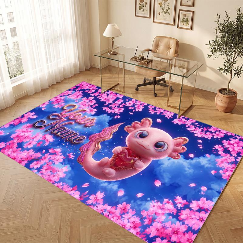Axolotl Theme Soft Crystal Velvet Rug Custom Name & Text Print Non Slip Floor Rug for Bedroom Living Room