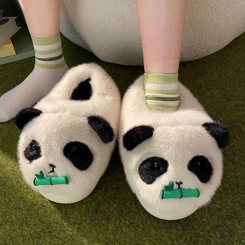 Kawaii тапочки с изображением гигантской панды женские зимние теплые меховые мокасины женские пушистые тапочки с изображением животных женские домашние тапочки меховые мюли