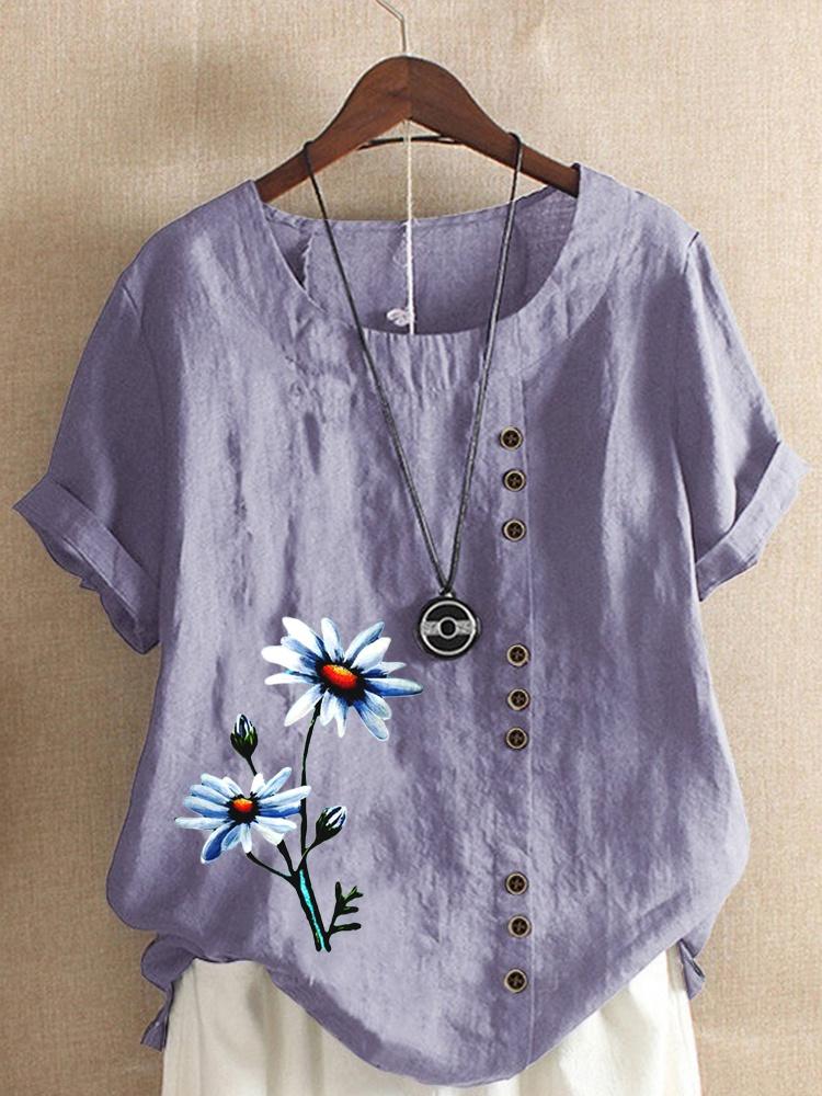 Summer Casual Flower Print Loose T-shirts Vintage Cotton and Linen O-Neck Plus Size Short Sleeve Blouse Tops For Women S-5XL