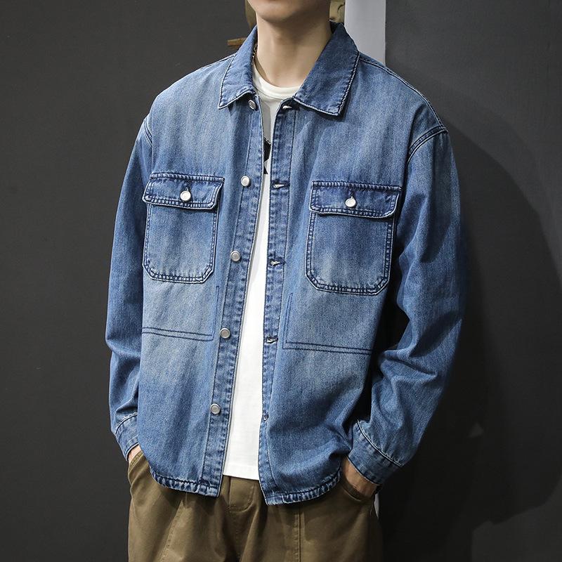 Тяжелая ретро-стираемая мужская джинсовая рубашка свободная модная брендовая грубая красивая повседневная куртка большого размера