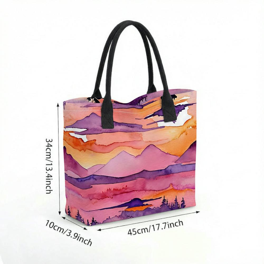 Watercolor Mountain Pattern Tote Bag Casual Large Capacity Shoulder Bag for Daily Use