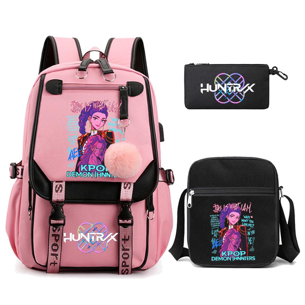 3Pcs/set Anime Cute Kpop Demon Hunters Printed Backpack with Shoulder Bag Pencil Case for Teenager Girl Boy Bookbag Large Capacity Travel Bag Kid Gift