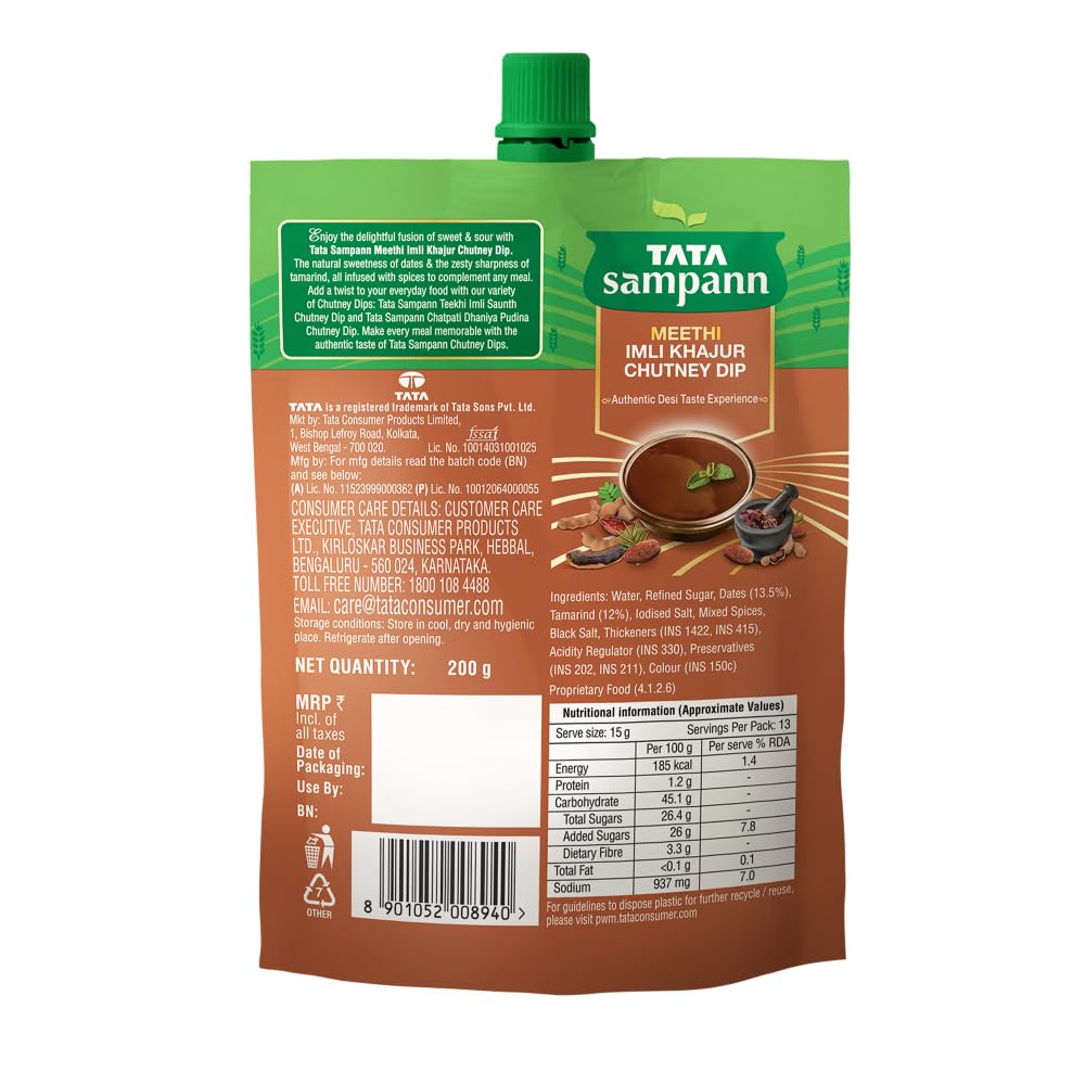 Tata Sampann Meethi Imli Khajur Chutney Dip 200 g Sweet Tangy Date Tamarind Sauce For Snacks And Chaats Everyday