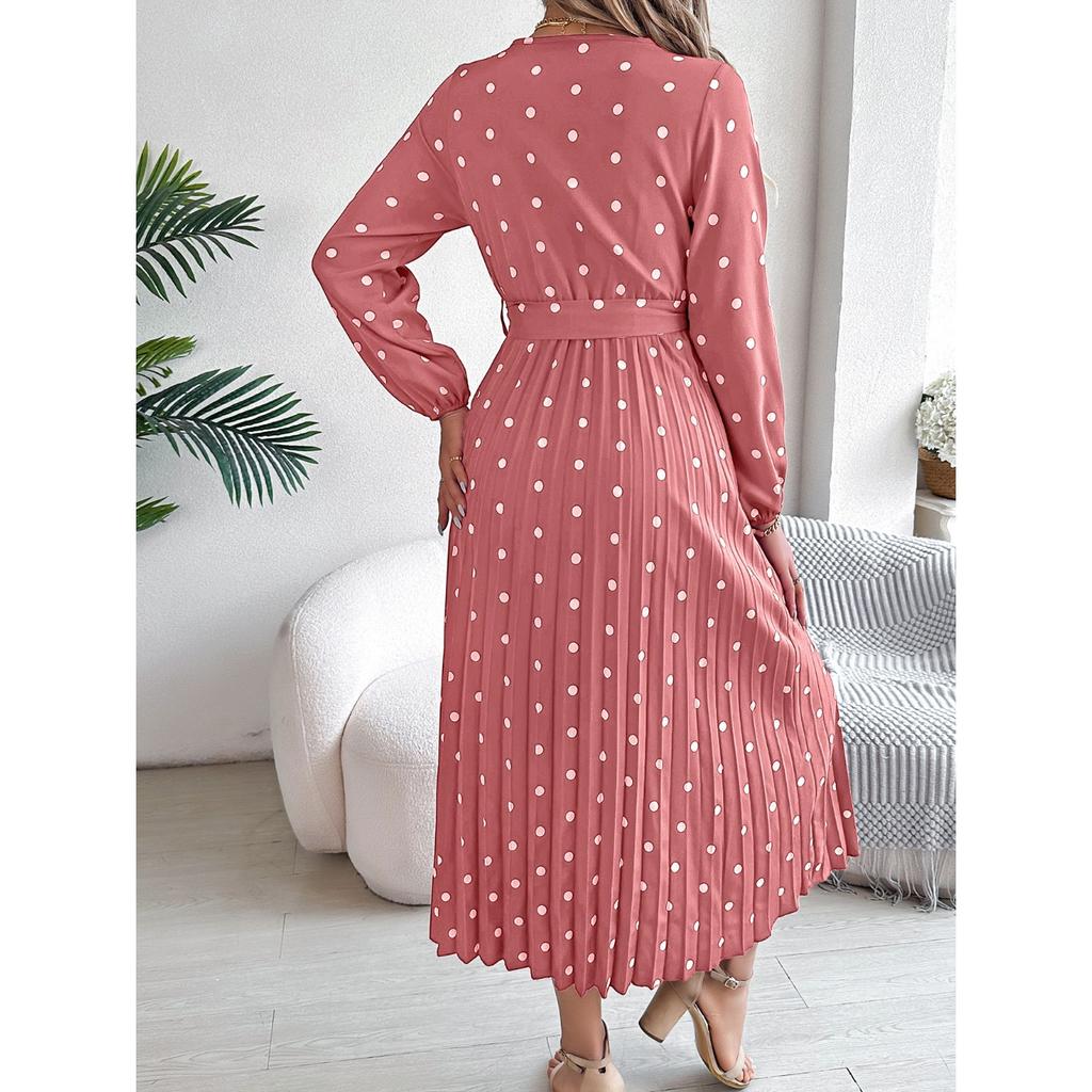 GMXIA Autumn and Winter Elegant Contrasting Polka Dot Cross V-neck Pleated Long Dress Women's Wear