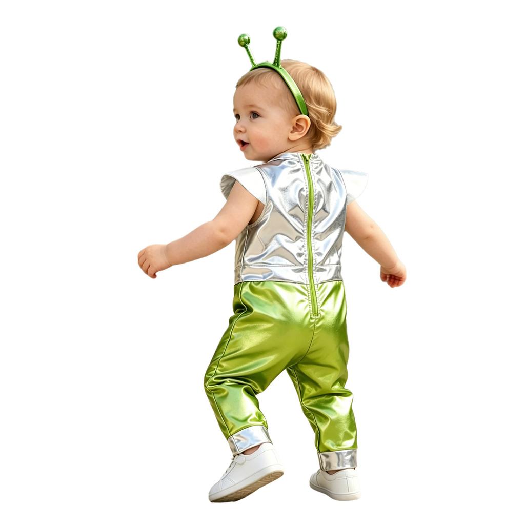 Baby Girls Color Block Alien Jumpsuit Cap Sleeve Zipper Back Metallic Romper Photography Cosplay Halloween
