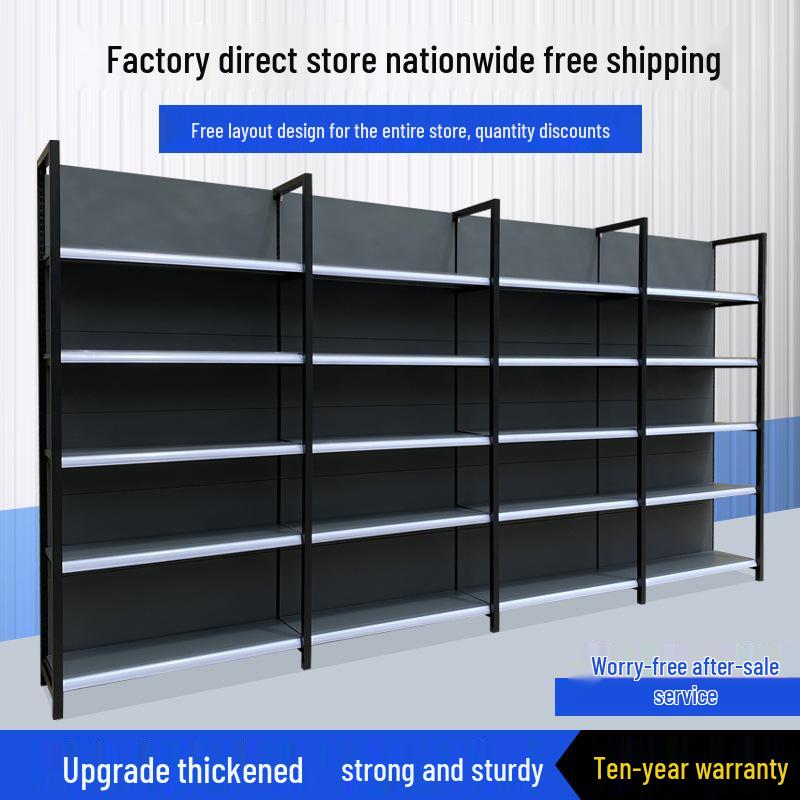 Four-Post Gray Display Rack for Convenience, Stationery, and Mother & Baby Stores, Multi-Layer Single/Double-Sided Snack Shelving.