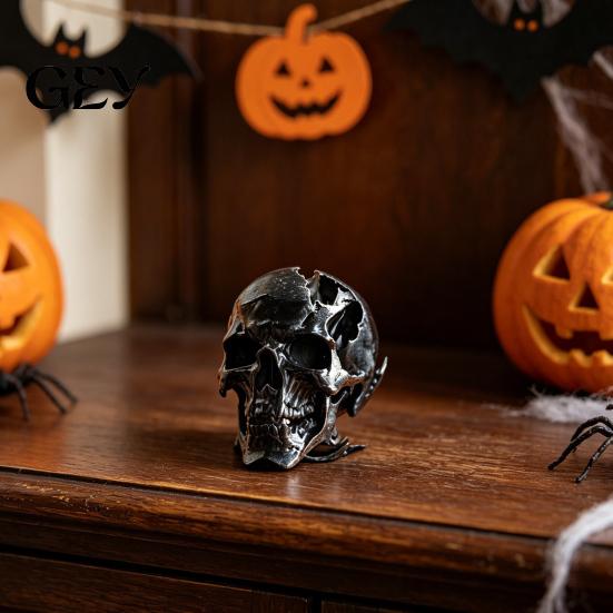 3D Skull Carving Halloween Ornament, Synthetic Resin Alien Shape Realistic Decor Figure, Bone Detail Sculpture Tabletop Party Decoration