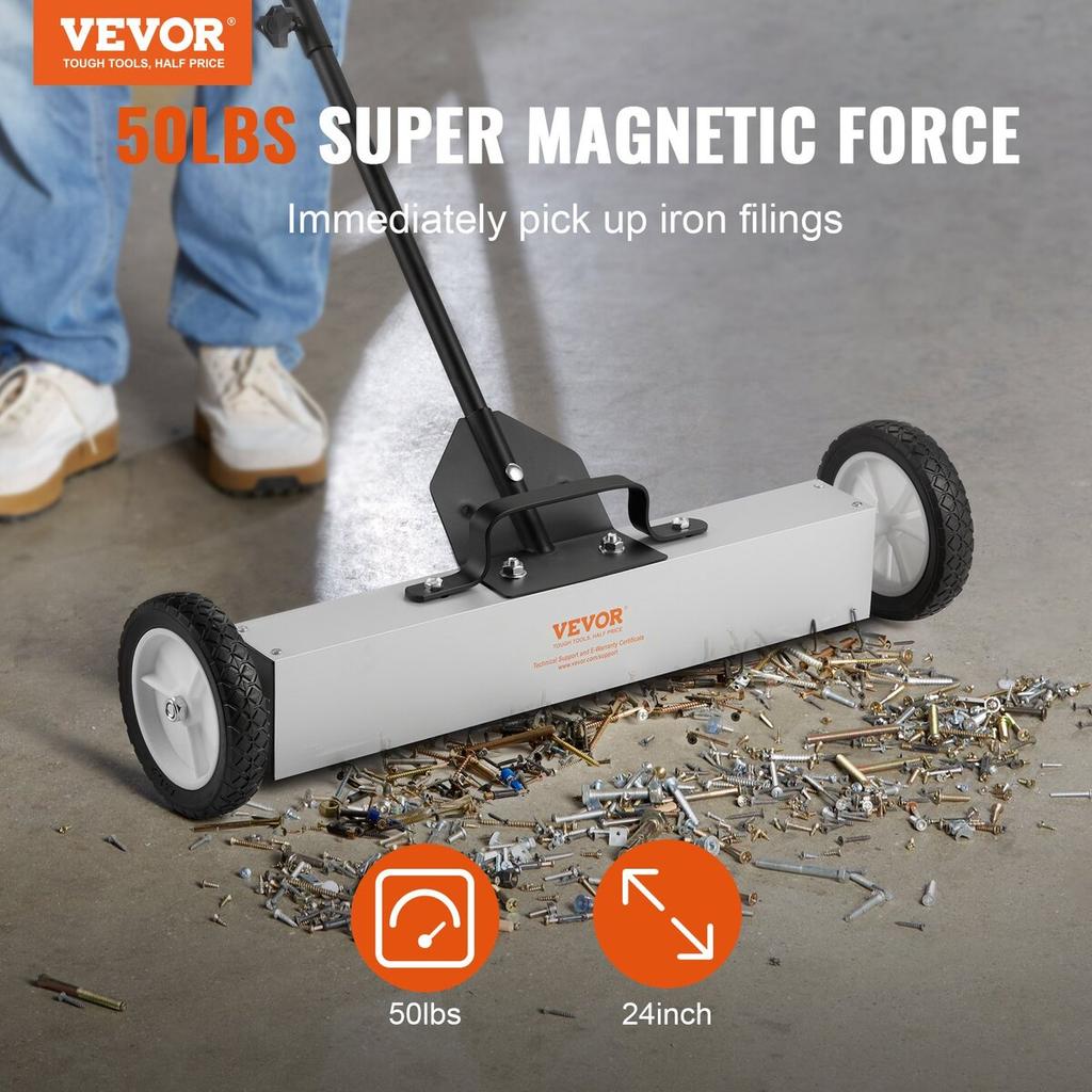 50Lbs Rolling Magnetic Sweeper with Wheels, Push-Type Magnetic Pick Up Sweeper, 24-inch Large Magnet Pickup Lawn Sweeper with Telescoping Handle, Easy