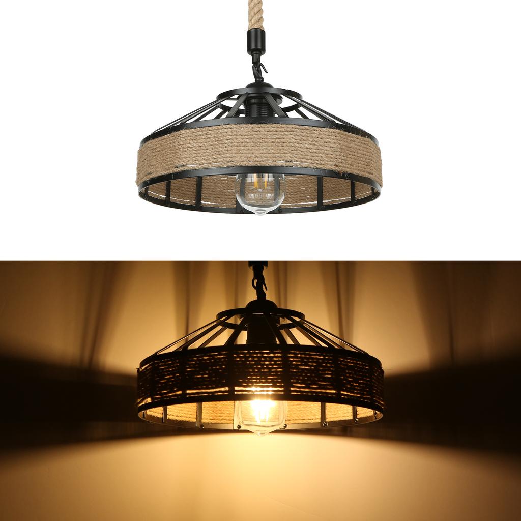 Industrial Hemps Rope Pendants Light Basket Rustic Chandelier Vintage Ceiling Lamp Iron Metal