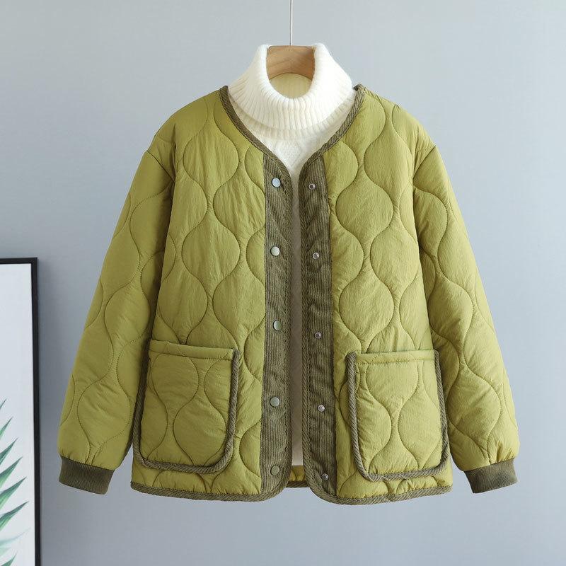 Corduroy Patchwork Quilted Jacket Winter Women Clothing Parkas Warm Cotton-padded Jacket Lightweight Coat Single-breasted Tops