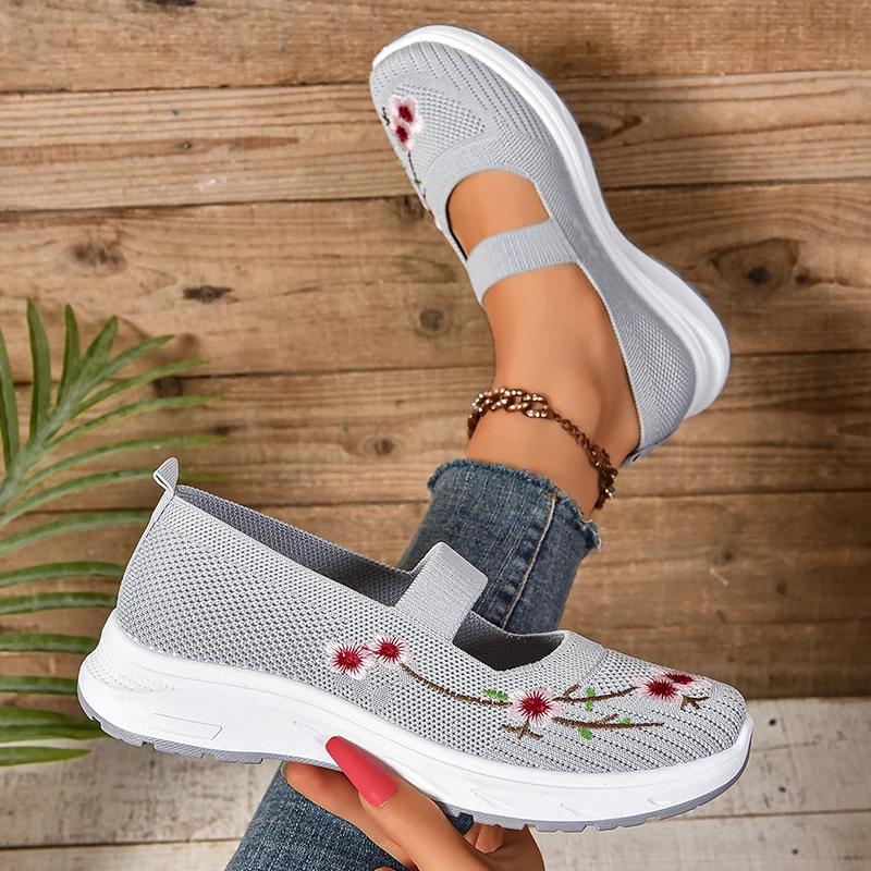 2024 Новые трикотажные вышитые цветочные мокасины на плоской платформе женские дышащие сетчатые кроссовки без застежек осенние туфли в стиле пэчворк на плоской подошве