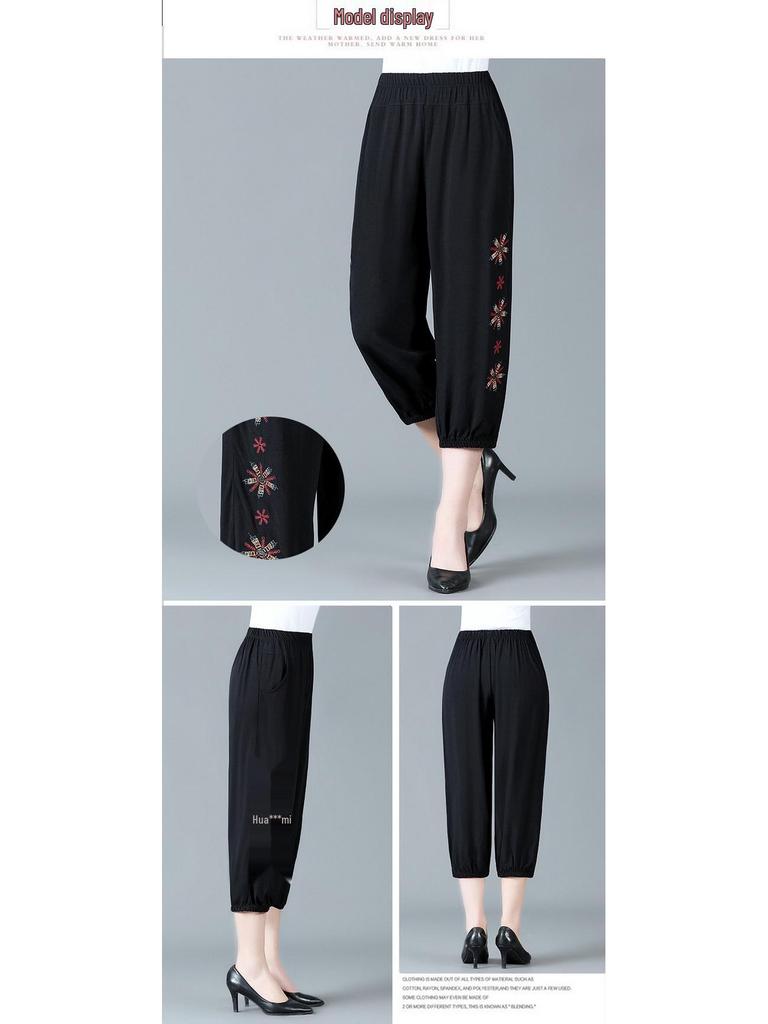 Летние вышитые хлопково-льняные брюки для мамы - Дышащие, повседневного кроя для женщин