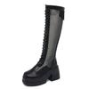 Fashion 10cm Air Mesh Genuine Leather Women Summer Motorcycle Boots Platform Knee High Heel Hollow Zipper Women Ankle Booties Fashion